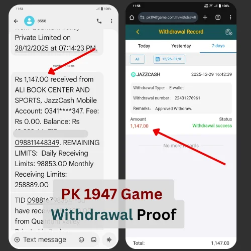 PK 1947 Game withdrawal proof showing successful JazzCash transfer for Pakistani users 2026